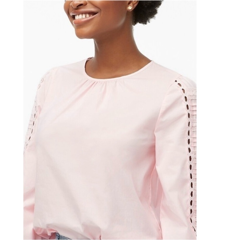 J. Crew Cotton Poplin Pleated Eyelet Puff Sleeve Popover Shirt Pink Small